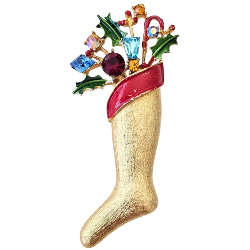 Weiss Christmas Stocking Brooch Keystone Rhinestone Holly Leaves Pin Signed J42